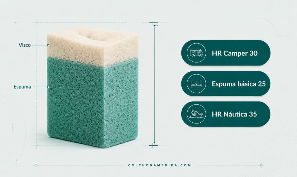 Bloque de espuma HR seccionado con capa superior de viscoelástica, junto a las variantes HR Camper 30, Espuma básica 25 y HR Náutica 35
